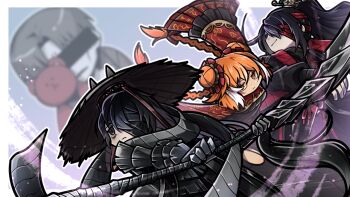 Rule 34 | 1girl, 3boys, bags under eyes, bandage over one eye, black dress, black gloves, black hair, black suit, braid, censored, censored identity, commentary request, double bun, dress, formal clothes, freckles, gloves, hair bun, hair over one eye, hand fan, hat, heishou pack-wu branch (identity) (project moon), holding, holding fan, holding weapon, hong lu (project moon), hongyuan (identity) (project moon), ishmael (project moon), limbus company, long hair, looking up, multicolored hair, multiple boys, orange eyes, orange hair, polearm, project moon, red bandage, red dress, red sash, sash, short hair, shoulder sash, smile, spear, stuffed animal, stuffed toy, suguri 1150615, suit, twin braids, twintails, two-tone dress, two-tone hair, vergilius (project moon), weapon, white hair, yi sang (project moon)