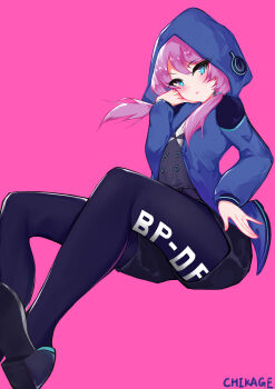 Rule 34 | 1girl, absurdres, arknights, artist name, black pantyhose, black shoes, black shorts, blue eyes, blue jacket, blue pantyhose, blue poison (arknights), blush, buttons, chikake (adp0723), clothes writing, commentary request, highres, hood, hood up, hooded jacket, invisible chair, jacket, long hair, long sleeves, looking at viewer, low twintails, open clothes, open jacket, pantyhose, pantyhose under shorts, parted lips, pink background, pink hair, shirt, shoes, shorts, simple background, sitting, solo, twintails, white shirt