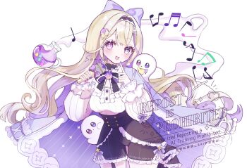 Rule 34 | 1girl, black corset, black shorts, blonde hair, breasts, buttons, coat, corset, cowboy shot, english text, frilled shorts, frills, gold buttons, hair between eyes, hair intakes, hair ribbon, heterochromia, light blush, looking at viewer, multicolored hair, musical note, open clothes, open coat, purple coat, purple hair, purple ribbon, ribbon, sample watermark, shirt, shorts, smile, solo, two-tone hair, watermark, white background, white shirt