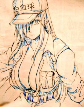 1girl baseball_cap breasts cleavage closed_mouth colored_skin hair_over_one_eye hat hataraku_saibou hataraku_saibou_black large_breasts long_hair looking_at_viewer open_clothes rinoko simple_background solo u-1196 white_background white_blood_cell_(hataraku_saibou) white_hair white_skin