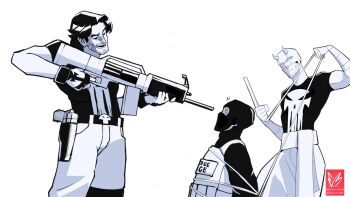 3boys aiming at_gunpoint commentary daredevil english_commentary gun gun_to_head handgun highres holding holding_gun holding_weapon hostage male_focus marvel multiple_boys police police_uniform soelmunchies the_punisher_(character) the_punisher_(series) threat weapon