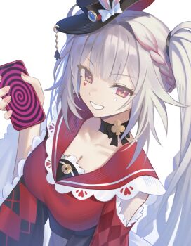 1girl absurdres black_choker black_hat breasts choker cleavage dalmo_(pafe2444) detached_sleeves diamond_(shape) diamond_facial_mark dress facial_mark hat heart heart_facial_mark highres honkai:_star_rail honkai_(series) hypnosis_app long_hair medium_breasts red_dress red_eyes smile solo sparkle_(honkai:_star_rail) sparxie_(honkai:_star_rail) symbol-shaped_pupils white_background white_hair