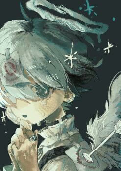 1boy :o angel_wings arrow_(projectile) bandage_on_face bandages black_ribbon black_straps blue_eyes choker commentary dark_background earrings frilled_shirt_collar frills from_side hair_between_eyes halo hands_up heterochromia jewelry looking_at_viewer male_focus open_mouth original own_hands_clasped own_hands_together paper portrait ribbon ring shirt short_hair simple_background solo stud_earrings su_e3n target tears white_eyes white_hair white_shirt wings