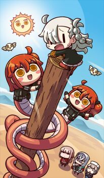 1boy 1other 4girls :d ahoge asclepius_(fate) asclepius_(summer_rescue)_(fate) black_gloves black_jacket black_shirt black_shoes blue_hair blue_sky blunt_bangs blush_stickers braid brown_hair chibi chibi_only chinese_zodiac clone closed_eyes closed_mouth cloud commentary_request crossed_bangs d: day dot_mouth expressionless fate/grand_order fate_(series) florence_nightingale_(fate) fujimaru_ritsuka_(female) fujimaru_ritsuka_(female)_(polar_chaldea_uniform) gloves grey_hair hair_between_eyes hair_over_one_eye hair_tie hand_on_own_chin hat hood hood_up hooded_jacket jacket lamia long_hair long_sleeves long_tail medium_hair monster_girl multicolored_hair multiple_girls nemo_(fate) nurse_cap nurse_nemo_(fate) official_art olga_marie_animusphere one_side_up open_clothes open_jacket open_mouth orange_eyes orange_hair orange_pantyhose pantyhose red_jacket riyo_(lyomsnpmp) rod_of_asclepius sand shirt shoes shorts sidelocks sky smile standing sun sun_with_face sunlight sweat tail thinking third-party_source two-tone_hair white_hair white_shorts year_of_the_snake |_|