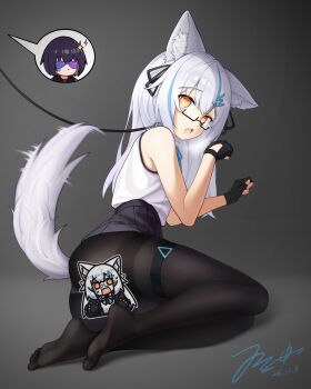 Rule 34 | 2girls, @ @, absurdres, animal ear fluff, animal ears, bare arms, bare shoulders, black-framed eyewear, black gloves, black pantyhose, black ribbon, black skirt, blue bow, blue hair, bow, bowtie, censored, character censor, chinese commentary, closed mouth, collar, commentary request, dated, dog ears, dog girl, dog tail, facial tattoo, feet, fingerless gloves, full body, gloves, green eyes, grey background, hair ornament, hair ribbon, highres, jerry wang, leash, legs, long hair, motion blur, multicolored hair, multiple girls, no shoes, novelty censor, open mouth, original, pantyhose, paw pose, pleated skirt, purple-tinted eyewear, purple hair, ribbon, semi-rimless eyewear, shirt, short hair, signature, sitting, skindentation, skirt, sleeveless, sleeveless shirt, soles, sparkle, speech bubble, streaked hair, sunglasses, tail, tail wagging, tattoo, thigh strap, thighs, tinted eyewear, toes, white hair, white tail