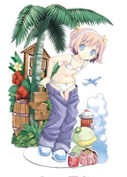 1girl 2000s_(style) aircraft airplane backpack bag barrel blue_eyes bow bra brand_name_imitation brown_hair can cloud collarbone commentary copyright_request corrupted_twitter_file denim drink_can fire_hydrant flat_chest flower full_body hair_bow hairband hibiscus highres jeans kappa leaning_forward navel palm_tree panties pants parted_lips pop_(electromagneticwave) shoes short_hair short_twintails side-tie_panties signpost sneakers soda_can standing tree twintails underwear undressing white_background white_bra white_hairband white_panties white_shoes yellow_trim