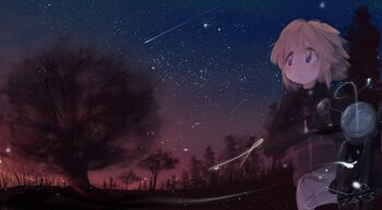 Rule 34 | 1girl, black gloves, black sweater, blonde hair, dated, falling star, gloves, grey eyes, highres, light blush, looking afar, motor vehicle, motorcycle, night, on motorcycle, outdoors, parted lips, plaid clothes, plaid sweater vest, plaid vest, purple sweater vest, short hair, sidelocks, signature, skirt, sky, solo, star (sky), starry sky, suikatabetaiii, sweater, sweater vest, tree, turtleneck, turtleneck sweater, urotsuki, vest, white skirt, yume 2kki