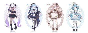 4girls adoptable animal_ears animal_print arm_warmers artist_name asymmetrical_legwear bare_shoulders black_boots black_shirt black_shoes black_skirt black_sleeves black_thighhighs black_veil blue_dress blue_eyes blue_hair boots brown_dress brown_hair brown_shoes closed_mouth commentary cow_ears cow_girl cow_horns cow_print cow_print_thighhighs cow_tail crop_top cropped_shirt detached_sleeves dress english_commentary fishnet_thighhighs fishnets frilled_hairband frills full_body gradient_hair hairband halo hand_up heart heart_o-ring horns long_hair looking_at_viewer mary_janes miniskirt mismatched_legwear multicolored_hair multiple_girls o-ring o-ring_thigh_strap original platform_boots print_thighhighs purple_eyes purple_hair purple_thighhighs red_eyes shirt shoes short_hair short_sleeves sidelocks simple_background single_sock single_thighhigh skirt sleeveless sleeveless_shirt socks standing striped_arm_warmers tail thigh_strap thighhighs traditional_halo two-tone_hair uneven_legwear v veil white_background white_hair white_shirt white_socks white_thighhighs yukomeow