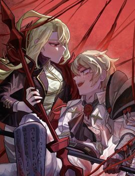 Rule 34 | 1boy, 1girl, armor, ascot, belt, black belt, black neckerchief, blonde hair, blood, blood in hair, bloody tears, cape, coat, collared shirt, commentary, crazy, crazy smile, don quixote (project moon), epaulettes, facing another, feather boa, gloves, gold trim, hair between eyes, holding, la manchaland (identity) (project moon), lance, lapels, limbus company, long hair, medium hair, meng luoo, n corp. fanatic (identity) (project moon), neckerchief, notched lapels, open mouth, pants, pauldrons, polearm, project moon, red background, red eyes, red feather boa, shirt, shoulder armor, simple background, sinclair (project moon), single pauldron, single shoulder pad, smile, star (symbol), teeth, upper teeth only, wax seal, weapon, white cape, white pants, white shirt, yellow eyes