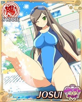 1girl blue_one-piece_swimsuit border breasts brown_hair card_(medium) character_name closed_mouth competition_swimsuit covered_navel day english_text fence game_cg goggles goggles_on_head green_eyes groin highleg highleg_one-piece_swimsuit josui_(senran_kagura) kicking large_breasts long_hair looking_at_viewer official_alternate_costume official_art one-piece_swimsuit one_eye_closed pool poolside senran_kagura senran_kagura_new_wave smile solo splashing swept_bangs swimsuit two-tone_swimsuit