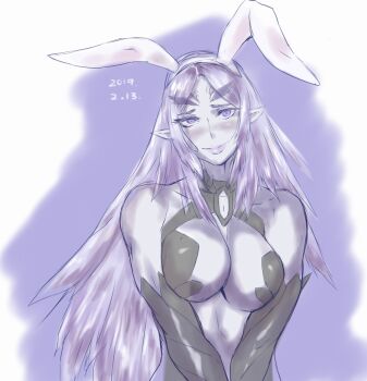 1girl alternate_costume black_bodysuit black_gloves blue_eyes blue_hair blue_skirt blush bodysuit breasts dated elma_(true_form)_(xenoblade_x) elma_(xenoblade_x) embarrassed gloves large_breasts monolith_soft nervous_smile pointy_ears rabbit_ears skirt smile spoilers xeno_(series) xenoblade_chronicles_(series) xenoblade_chronicles_x yuzuriha_caruru