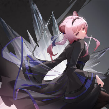 Rule 34 | 1girl, animal ears, aoba aratame ni, arknights, black dress, black hairband, breasts, brown pantyhose, closed mouth, commentary request, crystal, dress, hair intakes, hairband, highres, lin (arknights), long hair, long sleeves, looking at viewer, looking to the side, medium breasts, pantyhose, pink eyes, pink hair, smile, solo, very long hair, wide sleeves