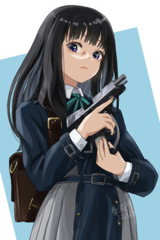 1girl aegyo_sal bag black_hair blue_eyes clip_(weapon) dated disgust gun handgun highres holding holding_gun holding_weapon inoue_takina long_hair long_sleeves looking_at_viewer lycoris_recoil reloading school_bag school_uniform simple_background smith_&amp;_wesson_m&amp;p solo spanglemaker weapon