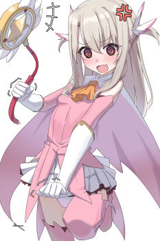 1girl @_@ absurdres anger_vein bare_shoulders blonde_hair blush boots breasts card_holster clothes_pull elbow_gloves fate/kaleid_liner_prisma_illya fate_(series) feather_hair_ornament feathers gloves hair_ornament highres holding holding_wand illyasviel_von_einzbern kaleidostick layered_gloves loli long_hair magical_girl magical_ruby meganeko10_6 miniskirt open_mouth panties pantyshot pink_boots pink_feathers pink_gloves pink_sleeves pink_thighhighs prisma_illya pulling_own_clothes red_eyes sidelocks skirt small_breasts thighhighs two_side_up underwear wand wavy_mouth white_gloves