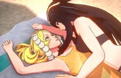 2girls 3d animated arms_up beach beach_towel bikini black_bikini breasts eye_contact fire_emblem fire_emblem_awakening grabbing_another&#039;s_breast groping kiss lipstick lipstick_mark lissa_(fire_emblem) long_hair looking_at_another lying makeup multiple_girls nintendo on_back one-piece_swimsuit orange_one-piece_swimsuit outdoors overused23 swimsuit tagme tharja_(fire_emblem) towel video yuri