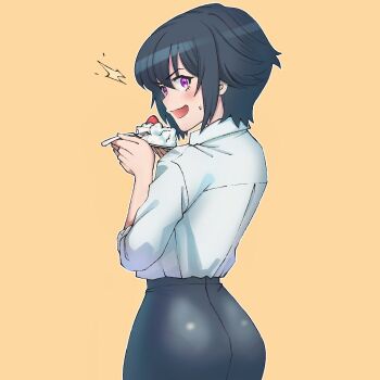 1girl anna_ayasaki black_hair black_skirt blush cake cake_slice choppy_bangs commentary cowboy_shot food fork from_behind hair_between_eyes highres holding holding_fork holding_plate looking_at_viewer looking_back open_mouth original outline plate purple_eyes shirt short_hair simple_background skirt small_sweatdrop smile solo studionice2011 white_outline white_shirt yellow_background