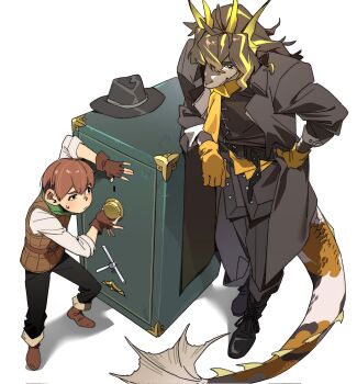 2boys animal_ears arknights black_coat black_footwear boots brown_footwear brown_gloves brown_hair brown_tunic chilchuck_tims chinese_commentary coat commentary_request dragon_boy dragon_ears dragon_horns dungeon_meshi fingerless_gloves fins fish_tail furry furry_male gloves hand_on_own_hip hat highres horns ju_neng_binggui leaning_on_object lee_(arknights) looking_at_another male_focus multicolored_hair multiple_boys safe_(container) scarf shirt sweatdrop tail tunic unworn_hat unworn_headwear white_background white_shirt yellow_gloves yellow_scarf