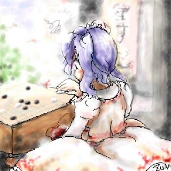 blush bonnet checkers_piece dress frilled_bonnet frilled_dress frills lowres maid non-web_source portrait_of_exotic_girls purple-haired_oekaki_girl_(touhou) purple_hair red_yarn table touhou touhou_(pc-98) white_bonnet yarn yarn_ball zun_(artist)