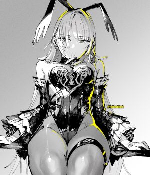 1girl animal_ears ben-day_dots breasts commentary dated_commentary detached_sleeves fake_animal_ears frown gradient_background hair_ribbon herta_(honkai:_star_rail) highleg highleg_leotard highres honkai:_star_rail honkai_(series) jewelry key key_necklace leotard long_hair looking_at_viewer monochrome necklace object_riding otimusyairoha pantyhose ribbon screentones sidelighting simple_background sitting small_breasts solo spot_color strapless strapless_leotard the_herta_(honkai:_star_rail) thigh_strap twitter_username very_long_hair