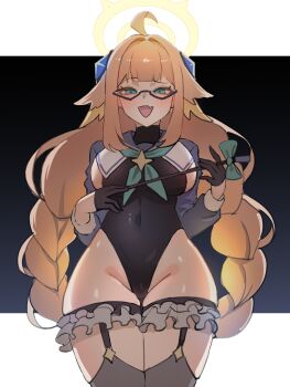 1girl ahoge black_leotard blue_archive blue_shrug braid braided_twintails covered_navel fang feather_hair feathers frilled_thigh_strap glasses gloves half_gloves halo highleg highleg_leotard highres holding holding_riding_crop leotard long_hair looking_at_viewer low_twin_braids musclexm official_alternate_costume orange_hair riding_crop semi-rimless_eyewear shimiko_(blue_archive) shimiko_(magical)_(blue_archive) shrug_(clothing) skin_fang smile solo super_highleg thigh_strap triangle_mouth twin_braids yellow_feathers yellow_halo