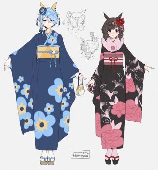 Rule 34 | 2girls, absurdres, animal ears, bag, black kimono, blue eyes, blue hair, blue kimono, blush, braid, brown hair, closed mouth, commentary request, daiichi ruby (umamusume), drill hair, drill sidelocks, ear covers, ear flower, floral print, floral print kimono, flower, hair between eyes, hair flower, hair ornament, handbag, highres, horse ears, horse girl, japanese clothes, k.s.miracle (umamusume), kimono, long hair, long sleeves, looking at viewer, multiple girls, obi, pink socks, print kimono, purple eyes, rope, sandals, saramiao-chan, sash, short hair, side drill, sidelocks, smile, socks, twin drills, umamusume, white socks, wide sleeves