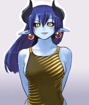 1girl arms_behind_back astaroth_(shinrabanshou) bare_shoulders black_sclera blue_hair blue_skin blush breasts colored_sclera colored_skin demon_girl earrings exif_thumbnail_surprise female_focus gradient_background horns jewelry long_hair looking_at_viewer one-piece_swimsuit pointy_ears shinrabanshou sideboob smile solo swimsuit upper_body yellow_eyes