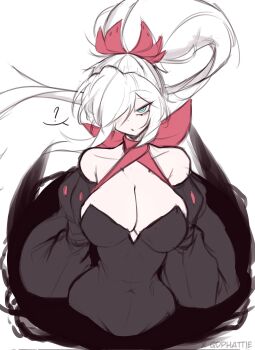 1girl ? bare_shoulders blue_eyes breasts bright_pupils cleavage commentary covered_navel curvy darkrai detached_sleeves dot_nose dress floating floating_hair gen_4_pokemon hair_over_one_eye half-closed_eyes high_ponytail highres humanization impossible_clothes large_breasts legendary_pokemon long_hair lower_eyelashes_only mythical_pokemon narrow_waist neck_ribbon nintendo parted_lips pokemon ponytail puffy_detached_sleeves puffy_sleeves qdphattie ribbon signature smoke solo spoken_question_mark strapless strapless_dress twitter_username white_hair white_pupils