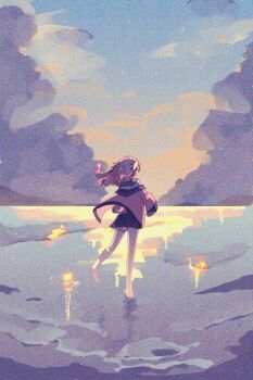 1girl barefoot blue_skirt cloud facing_away film_grain full_body gradient_sky hashtag-only_commentary highres jacket light_particles long_hair long_sleeves makaino_ririmu makaino_ririmu_(4th_costume) nijisanji pink_jacket reflection reflective_liquid roku_(ntbr_fate) school_uniform serafuku skirt sky solo standing standing_on_one_leg virtual_youtuber