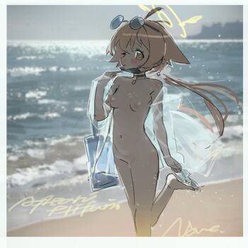Rule 34 | 1girl, ahoge, backlighting, beach, blue archive, blush, border, bottomless, breasts, brown hair, character name, choker, commentary, eyewear on head, groin, hair between eyes, halo, hifumi (blue archive), highres, horizon, light particles, long hair, looking at viewer, low twintails, mask, mask pull, medium breasts, mouth mask, navel, nemo (leafnight), nipples, nude, ocean, off-shoulder jacket, off shoulder, removing shoes, see-through clothes, signature, solo, standing, standing on one leg, sunglasses, twintails, untranslatable commentary, water drop, waves, white border, yellow eyes