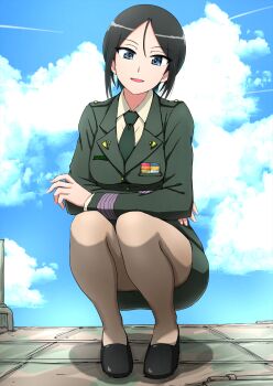 Rule 34 | 1girl, black hair, black shoes, blazer, blue eyes, blue sky, chouno ami, cloud, cloudy sky, commentary, day, dress shirt, full body, girls und panzer, green jacket, green necktie, green skirt, highres, jacket, japan ground self-defense force, japan self-defense force, long sleeves, looking at viewer, military, military uniform, miniskirt, necktie, omachi (slabco), open mouth, outdoors, pencil skirt, sheer pantyhose, shirt, shoes, short hair, skirt, sky, smile, solo, squatting, swept bangs, white shirt