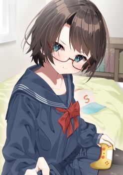 1girl :t absurdres aqua_eyes baseball_cap bespectacled black_pantyhose blue_sailor_collar blue_serafuku blue_shirt blue_skirt blush bookshelf borumete brown_hair closed_mouth collarbone commentary_request controller glasses hat highres holding holding_controller hololive indoors looking_at_viewer miniskirt neckerchief on_bed oozora_subaru pantyhose pleated_skirt pout pov red-framed_eyewear red_neckerchief sailor_collar school_uniform semi-rimless_eyewear serafuku shirt short_hair sitting skirt solo under-rim_eyewear unworn_hat unworn_headwear v-shaped_eyebrows virtual_youtuber