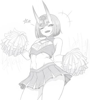 0_danvil_0 1girl ;d afterimage bare_arms bare_shoulders blush bob_cut breasts cheerleader commentary contrapposto cowboy_shot crop_top english_commentary fangs fate/grand_order fate_(series) greyscale headpiece highres holding holding_pom_poms horns looking_at_viewer midriff miniskirt monochrome motion_lines navel one_eye_closed oni open_mouth pentagram pleated_skirt pointy_ears pom_pom_(cheerleading) pom_poms shirt short_hair shuten_douji_(fate) simple_background skin-covered_horns skirt sleeveless sleeveless_shirt small_breasts smile solo thick_eyebrows thighs white_background wristband