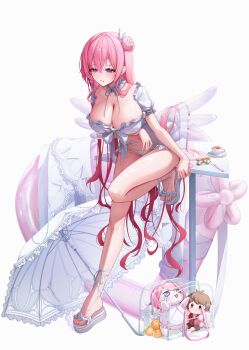 1girl absurdres bikini breasts character_doll cleavage collar commander_(nikke) commentary detached_collar doll doro_(nikke) dorothy_(nikke) dorothy_(serendipity)_(nikke) food frilled_bikini frilled_collar frills fruit full_body goddess_of_victory:_nikke highres inflatable_wings large_breasts long_hair oar_21 official_alternate_costume orange_(fruit) parasol pink_hair purple_eyes solo swimsuit thighs transparent_bag umbrella very_long_hair white_background white_bikini