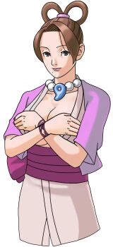 1girl ace_attorney aged_up bead_necklace beads bracelet breasts brown_hair capcom cleavage covering_breasts covering_privates cowboy_shot crossed_arms edited_official_artwork female_focus formal_clothes grey_eyes hair_rings half_updo highres japanese_clothes jewelry kimono large_breasts light_smile lipstick looking_at_viewer magatama magatama_necklace makeup mature_female mia_fey mole mole_under_mouth necklace no_bra official_art official_style open_clothes original_content pearl_fey possessed possession resized ribbon robe short_hair short_kimono smile solo teasing third-party_edit traditional_clothes transparent_background upper_body upscaled wide_sleeves