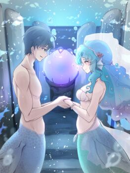 1boy 1girl ahoge air_bubble bare_pectorals bare_shoulders black_hair blue_eyes blue_tail blush body_fins bracelet braid breasts bridal_veil bubble collarbone commentary_request crown_braid fins fish glowing gradient_hair green_hair green_tail groin hair_between_eyes hair_ornament head_fins highres holding holding_hands holding_orb jewelry komena_(shinyday312) long_hair long_sidelocks looking_at_another medium_breasts mermaid merman mina_(komena) minato_(komena) monster_boy monster_girl multicolored_hair navel orange_eyes orb original pearl_belt pearl_bracelet pectorals pillar profile purple_hair short_hair sidelocks smile starfish_hair_ornament underwater veil