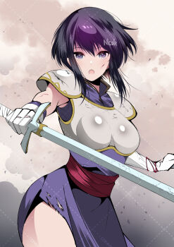 1girl :o armor armpits black_hair blood blood_on_clothes blood_on_face boobplate breastplate breasts commentary_request crack earrings elbow_gloves expressionless fe135700 fire_emblem fire_emblem:_genealogy_of_the_holy_war gloves highres holding holding_sword holding_weapon jewelry larcei_(fire_emblem) looking_at_viewer medium_breasts nintendo open_mouth purple_tunic sash serious short_hair shoulder_armor side_slit sidelocks simple_background sleeveless smoke solo sword thighs tomboy torn_clothes tunic upper_body watermark weapon