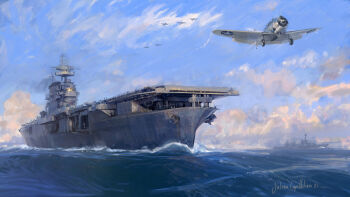 6+boys aircraft aircraft_carrier airplane anchor artist_name blue_sky clip_studio_paint_(medium) cloud commentary cruiser day english_commentary f4f_wildcat highres julien_lepelletier landing_gear mast military military_uniform military_vehicle multiple_boys naval_uniform naval_working_uniform ocean original outdoors roundel sailing sbd_dauntless ship signature sky smokestack takeoff uss_enterprise_(cv-6) vehicle_focus warship watercraft waves world_war_ii