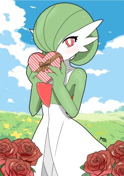 Rule 34 | 1girl, artist name, blue sky, blush, bob cut, bow, box, bright pupils, brown bow, cloud, colored skin, covering own mouth, cowboy shot, day, female focus, flat chest, flower, gardevoir, gen 3 pokemon, gift, gift box, grass, green hair, green skin, hair over one eye, hands up, heart-shaped box, holding, holding box, holding gift, light blush, looking at viewer, medi (pixiv 123705920), multicolored skin, nintendo, one eye covered, outdoors, pokemon, pokemon (creature), red eyes, red flower, red rose, rose, short hair, signature, simple bird, sky, solo, standing, two-tone skin, white pupils, white skin, yellow flower