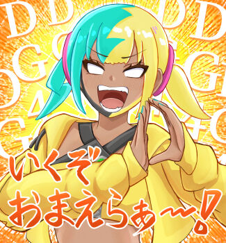 1girl bandeau blank_eyes canari_(pokemon) commentary_request eyelashes hands_up highres jacket long_sleeves mask mask_pull miyabidai mouth_mask multicolored_hair nail_polish nintendo open_clothes open_jacket open_mouth pokemon pokemon_legends:_z-a shouting sleeves_past_wrists solo teeth tongue two-tone_hair upper_body yellow_bandeau yellow_jacket zipper
