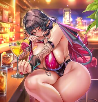 1girl absurdres alcohol animal_ears bar_(place) bar_stool bare_shoulders black_hair black_leotard black_one-piece_swimsuit blue_eyes blurry blurry_background blush bottle breasts choker cleavage closed_mouth cocktail cocktail_glass collarbone commentary commentary_request cowboy_shot crossed_legs cup drinking_glass earrings english_commentary fingernails fishnet_sleeves fishnets food fruit hair_intakes half-closed_eyes head_tilt highres incoming_gift jagoo jane_doe_(nocturne_of_light)_(zenless_zone_zero) jane_doe_(zenless_zone_zero) jewelry large_breasts leather_leotard lemon lemon_slice leotard long_hair long_tail looking_at_viewer mixed-language_commentary mouse_ears mouse_girl mouse_tail multicolored_hair o-ring o-ring_choker o-ring_swimsuit official_alternate_costume one-piece_swimsuit paid_reward_available red_hair red_nails red_one-piece_swimsuit sharp_tail sitting smile solo stool swimsuit tail thick_thighs thighs two-tone_one-piece_swimsuit zenless_zone_zero
