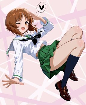 1girl absurdres black_neckerchief black_socks blush breasts brown_eyes brown_hair commentary_request girls_und_panzer highres loafers long_sleeves looking_at_viewer midriff_peek neckerchief nishizumi_miho one_eye_closed open_mouth pleated_skirt sailor_collar shirt shoes skirt small_breasts socks solo white_shirt zaofeng