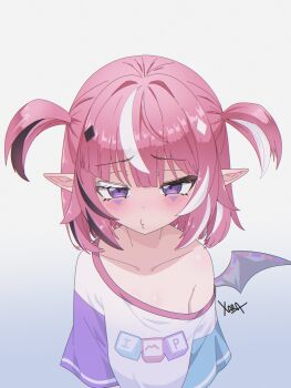 Rule 34 | 1girl, absurdres, black hair, blush, camila (vtuber), clothes writing, collarbone, colored eyelashes, commentary, diamond hair ornament, english commentary, eyelashes, facial mark, highres, indie virtual youtuber, medium hair, mismatched eyelashes, multicolored hair, o3o, pink hair, pointy ears, purple eyes, shirt, short sleeves, signature, simple background, single bare shoulder, single wing, solo, streaked hair, triangle, triangle facial mark, two side up, upper body, virtual youtuber, white hair, white shirt, wings, xarakura xara