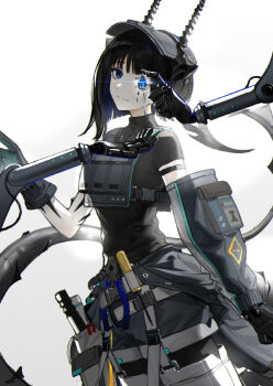 1girl arknights asymmetrical_hair belt black_gloves black_hair black_horns black_shirt blue_eyes blue_hair colored_inner_hair cowboy_shot detached_sleeves dot_nose drill dutch_angle five-fall gloves grey_jumpsuit hammer holding holding_jewelry horns image_sample jewelry jumpsuit looking_at_viewer machine_tool material_growth mechanical_arms mechanical_hands multicolored_hair one_eye_covered open_jumpsuit oripathy_lesion_(arknights) pliers pouch rhodes_island_logo_(arknights) screwdriver shirt short_hair single_detached_sleeve smile solo split_mouth t-shirt tail tools turtleneck utility_belt welding_mask whitesmith_(arknights)