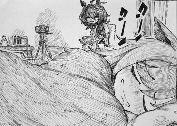 2girls absurdres agnes_digital_(umamusume) agnes_tachyon_(tach-nology)_(umamusume) agnes_tachyon_(umamusume) animal_ears blush camera chronozbergh clipboard coat commentary drooling ears_down english_commentary eyes_in_shadow furrowed_brow hair_between_eyes head_on_pillow highres holding holding_clipboard hollow_eyes horse_ears indoors lab_coat long_hair long_sleeves lying monochrome mouth_drool multiple_girls necktie nose_blush on_side open_clothes open_coat partially_shaded_face pillow shirt sleeping sleeves_past_fingers sleeves_past_wrists smile sweat traditional_media umamusume under_covers