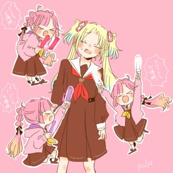 4girls :d ahoge anyoji_hime black_bow blonde_hair blue_hair blunt_sidelocks blush bow bow_legwear brown_dress brown_shoes clone commentary_request dress fang flower glowstick gradient_hair hair_flower hair_ornament hasu_no_sora_school_uniform holding holding_glowstick hood hooded_jacket jacket kase_(ks_lys) link!_like!_love_live! long_hair long_sleeves love_live! medium_dress mira-cra_park! multi-tied_hair multicolored_hair multiple_girls neckerchief open_clothes open_jacket open_mouth osawa_rurino outline penlight_(glowstick) pink_background pink_flower pink_hair pink_jacket pleated_dress ponytail red_neckerchief sailor_collar sailor_dress school_uniform shoes sidelocks simple_background smile socks sweatdrop translation_request virtual_youtuber white_outline white_sailor_collar white_socks winter_uniform yellow_neckerchief