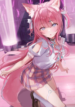 1girl absurdres animal_ear_fluff animal_ears antenna_hair arm_cutout bandaid bandaid_on_leg belt belt_collar black_belt black_choker black_collar blush bow breasts brown_footwear choker clothing_cutout collar commentary_request floodlights footwear_bow glowstick hair_ornament hair_ribbon hairclip hakui_koyori hakui_koyori_(school_uniform) heart heart_hair_ornament highres hololive kokoro_(hakui_koyori) large_breasts loafers long_hair looking_at_viewer open_mouth pink_bow pink_hair pink_sailor_collar pink_skirt plaid_clothes plaid_skirt pleated_skirt purple_eyes ribbon sailor_collar school_uniform serafuku shoes short_sleeves skirt socks solo_focus sparkling_eyes star_ornament striped_bow tail thigh_belt thigh_strap thighs two-tone_bow two_side_up uouokuma virtual_youtuber white_bow white_ribbon white_serafuku white_socks wing_collar wolf_ears wolf_girl wolf_ornament wolf_tail