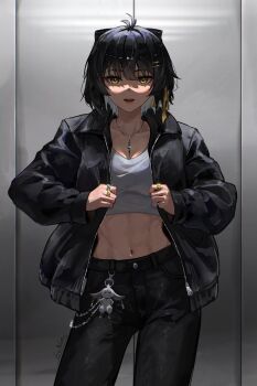 1girl abby_(wuthering_waves) absurdres alternate_costume antenna_hair black_bow black_jacket black_pants bow breasts charm_(object) cleavage commentary cowboy_shot english_commentary erikvarts female_rover_(wuthering_waves) hair_bow hair_ornament hair_ribbon hairclip highres indoors jacket jewelry looking_at_viewer medium_breasts navel necklace open_mouth pants parallel_hairclips ribbon rover_(wuthering_waves) signature solo stomach toned toned_female wuthering_waves yellow_eyes yellow_ribbon