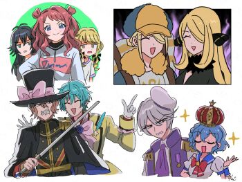 3boys 6+girls :d annoyed antenna_hair black_capelet black_hat black_jacket blonde_hair blue_eyes blue_hair braid brown_hair capelet closed_eyes closed_mouth commentary_request crown cynthia_(pokemon) dorothy_west epaulettes fujita_kotone gakuen_idolmaster gloves green_eyes grey_hair hair_between_eyes hair_bun hair_over_one_eye hair_ribbon hanami_saki hand_up hat highres idol_clothes idolmaster jacket king_of_prism long_hair long_sleeves looking_at_another looking_at_viewer multiple_boys multiple_girls nintendo norizuki_jin open_mouth pokemon pokemon_dppt pokemon_legends:_arceus pretty_rhythm pretty_series pripara ribbon rituyama1 shikyoin_hibiki shirt short_hair side_braid simple_background smile sparkle takadanobaba_jouji top_hat tsukimura_temari twin_braids two_side_up upper_body volo_(pokemon) white_background white_gloves white_shirt yellow_jacket