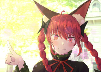 1girl :3 absurdres animal_ear_fluff animal_ears black_bow blush bow braid cat_ears cat_girl closed_mouth commentary_request extra_ears fang hair_bow highres index_finger_raised kaenbyou_rin kiritanpo117 looking_at_viewer outdoors photo_background pointy_ears red_eyes side_braids solo touhou twin_braids upper_body