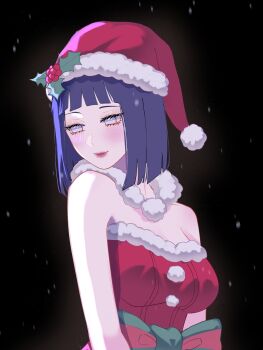 1girl absurdres bare_shoulders black_background blue_hair boruto:_naruto_next_generations breasts christmas commentary hat highres hyuuga_hinata large_breasts naruto_(series) purple_eyes red_hat santa_hat short_hair simple_background solo strapless symbol-only_commentary upper_body zimo_on